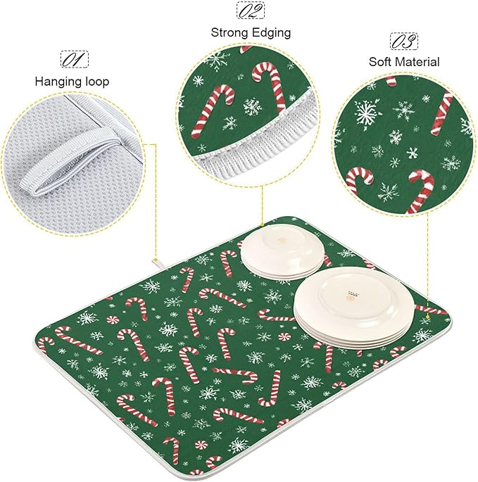 Christmas Candy Cane Dish Drying Mat for Kitchen Countertop 16x18 Winter Snowflake Green Xmas Small Drying Mat Reusable Quick Dry Dish Sink Mats Easy Clean Decorative Essentials
