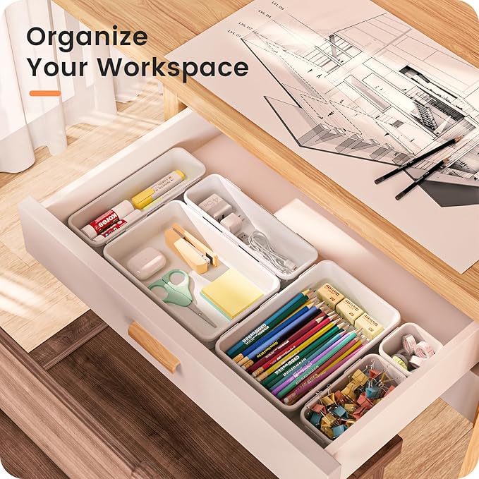 A-LuGei 【28PCS】 Drawer Organizer, Bathroom Organizers and Storage, Makeup organizer, Desk drawer organizer, Storage Bins for Kitchen Office Bedroom Vanity Jewelry Pantry Garage【White】【4Size】