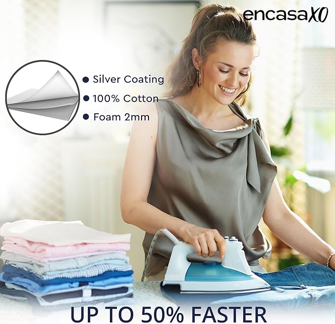Encasa XO Ironing Board Cover and Pad 49"x18" - Metallised 'Silver Super Luxury' with Foam & Felt Pad, Fits Wide Iron Boards - Heat Reflective, Scorch Resistant, Bungee Elasticated, 3 Fasteners