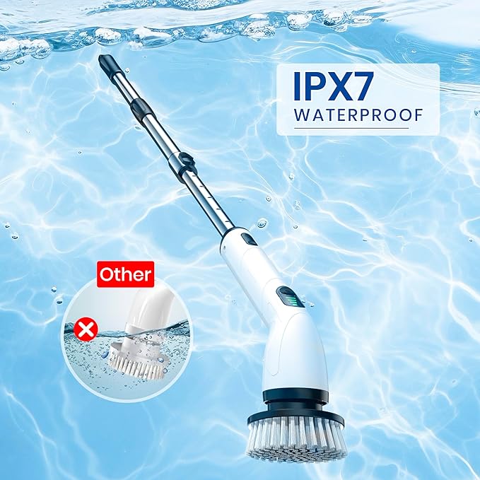 Electric Spin Scrubber, Full-Body IPX7 Waterproof Cordless Shower Scrubber with 8 Replaceable Heads, Upgraded Extension Handle, 2H Work Time, 2 Speeds for Bathroom Shower Tile Glass