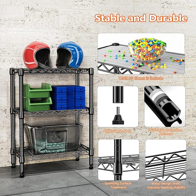 750 lbs 3 Tier Shelf Metal Storage Shelves Wire Rack Closet Organizers with PP Board for Garage Kitchen Bathroom Laundry Black 11.8" D x 21.7" W x 28.6" H