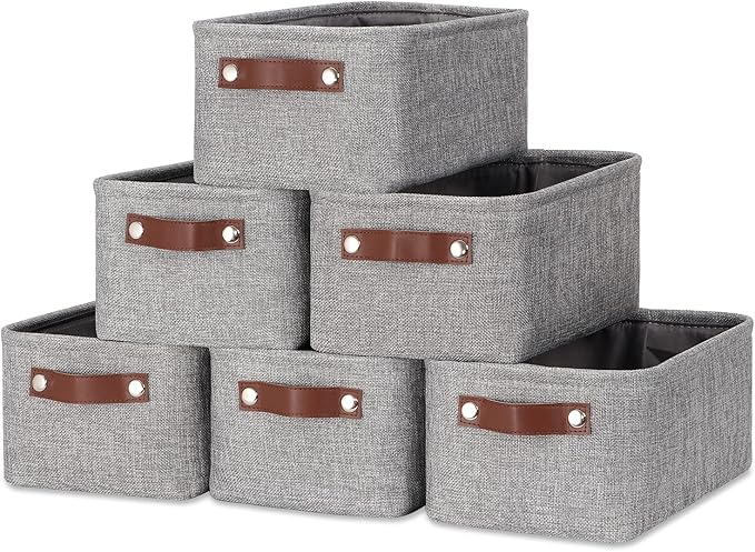 DULLEMELO Small Storage Baskets 11.8"x7.9"x5.1", Fabric Storage Bins for Shelves,Closets,Nursery,Home,Office [3 Pack], Collapsible Storage Baskets with Leather Handles (Gray)