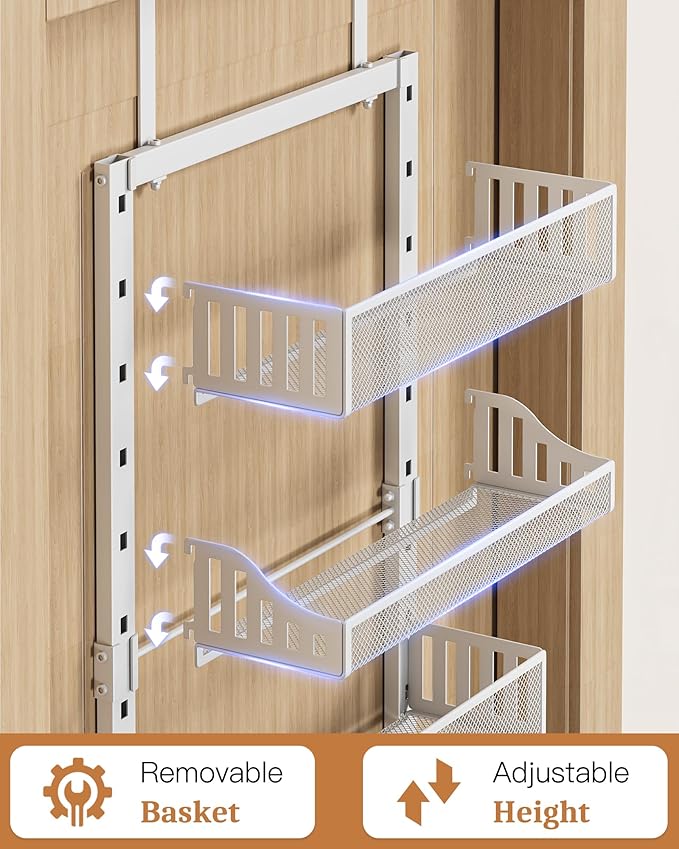 Over the Door Pantry Organizer 8-Tier, Large Metal Door Spice Rack with Adjustable Basket, 2 in 1 Wall Mount or Hanging Heavy-Duty Pantry Door Storage Shelf for Kitchen and Bathroom, White