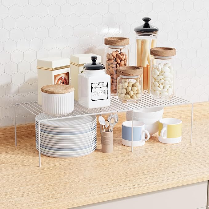 Expandable Storage Shelf, Pantry Organizers and Storage, Adjustable Rustproof Metal Wire Spice Rack, Space Saver Kitchen Storage Shelves for Pan, Pot, Countertop, Drawer, Fridge, Set of 4, White