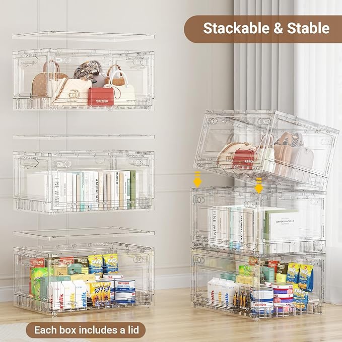 BROVIEW Clear Stackable Storage Bins Drawers, Open Front Large Plastic Storage Bins with Lids, Foldable Closet Organizers and Storage for Wardrobe Cabinets, Pantry, Makeup,4 Pack
