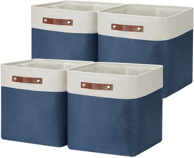 DULLEMELO Storage Baskets for Shelves Closet Storage,Large Home Organization Bins for Gifts Empty,Foldable Fabric Storage Cubes Baskets for Nursery Toy Towels Clothes Storage(White&Blue)