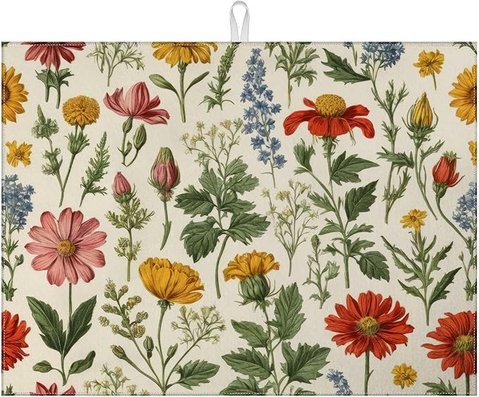 Spring Wild Flower Dish Drying Mat for Kitchen Counter Microfiber Absorbent Dish Kitchen Drying Mat Draining Reusable Washable for Dishes/Utensils/Counterto