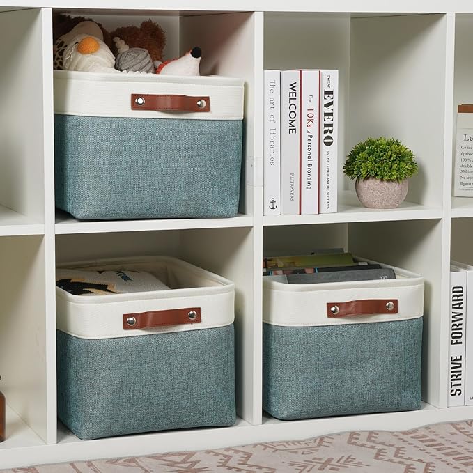 DULLEMELO Storage Baskets for Organizing,Rectangular Fabric Storage Bins with Handles for Office,Bedroom(3-Pack -15 inch X 11 inch X 9.5 inch, White&Dark Green)