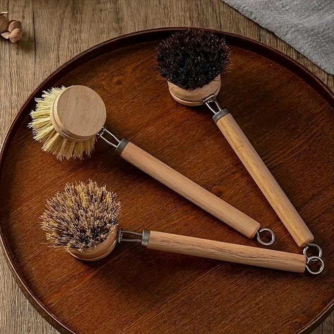 Bamboo Dish Brush with Handle, 1 Sturdy Wooden Handle with 3 Natural Bristle Heads, Horsehair, Sisal, Palm - All Purpose Kitchen Scrubber, Bamboo Wok Brush, Fruit and Veggie Scrubber