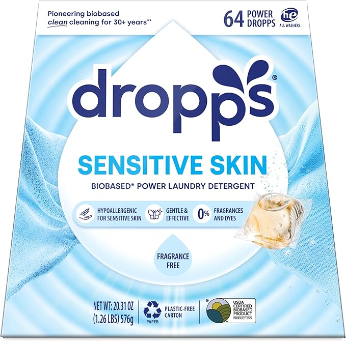 Dropps Sensitive Skin Laundry Detergent Pods, Unscented (64 Count) - Dermatologist Tested Laundry Pods - HE Compatible Laundry Supplies for Clean Clothes, Vegan & Dye-Free