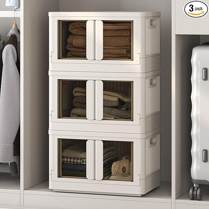FLEXIMOUNTS 110 QT Stackable Storage Bins With Lids, Collapsible Plastic Storage Bins With Doors and Built-in Wheels For Home Dorm Closet Organizers and Storage, 3 Pack Cubes, Milky White