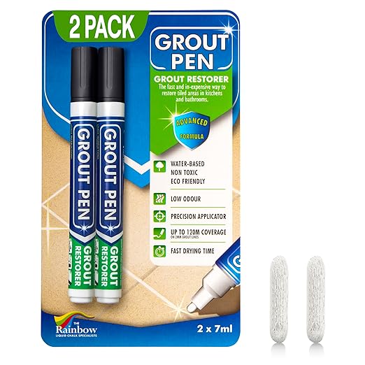Grout Pen Black Tile Paint Marker: Waterproof Grout Paint, Tile Grout Colorant and Sealer Pen - Narrow 5mm, 2 Pack with Extra Tips (7mL) - Black