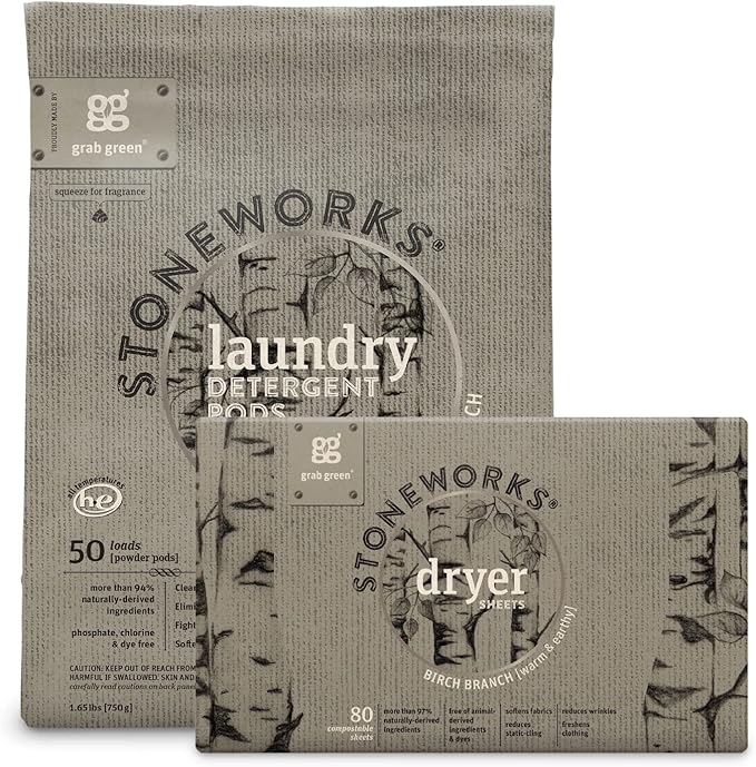 Grab Green Stoneworks Laundry Detergent Pods and Dryer Sheet Bundle, 50 Count Pods and 80 Dryer Sheets, Birch Branch Scent, Plant and Mineral Based Laundry Care Set
