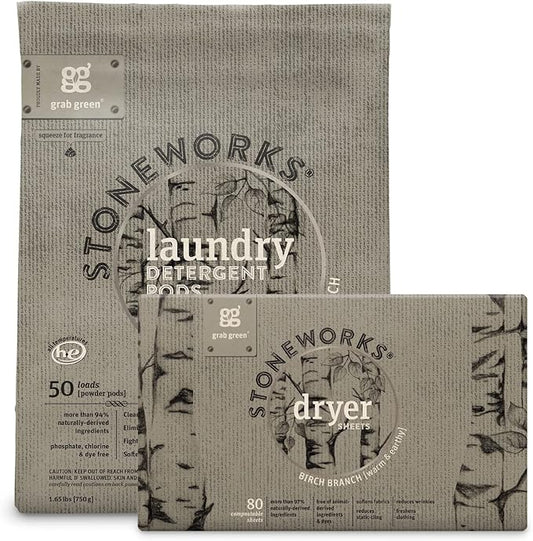 Grab Green Stoneworks Laundry Detergent Pods and Dryer Sheet Bundle, 50 Count Pods and 80 Dryer Sheets, Birch Branch Scent, Plant and Mineral Based Laundry Care Set