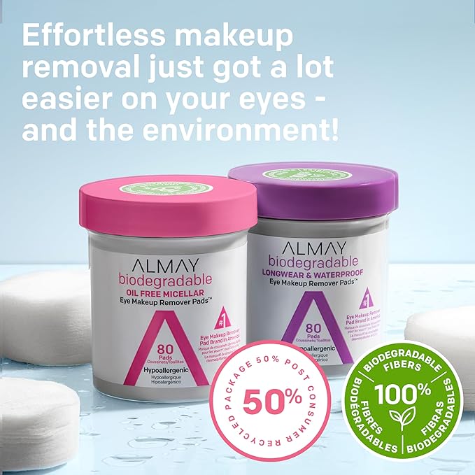 Almay Biodegradable Makeup Remover Pads, Micellar Gentle, Hypoallergenic, Fragrance-Free, Dermatologist & Ophthalmologist Tested, 120 Count (Pack of 2)