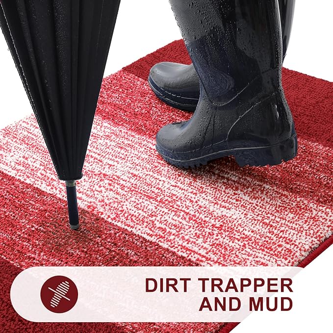 Kitinjoy Indoor Outdoor Door Mat, 47x20 Non-Slip Absorbent Dirt Trapper, Low-Profile Washable Inside Entrance Front Floor Mat, Sturdy Soft Entry Doormats for Entryway, Burgundy