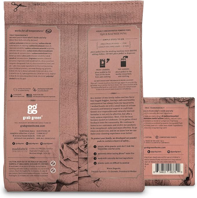 Grab Green Stoneworks Laundry Detergent Pods and Dryer Sheet Bundle (Rose Petal, 80 Count (Pack of 1)