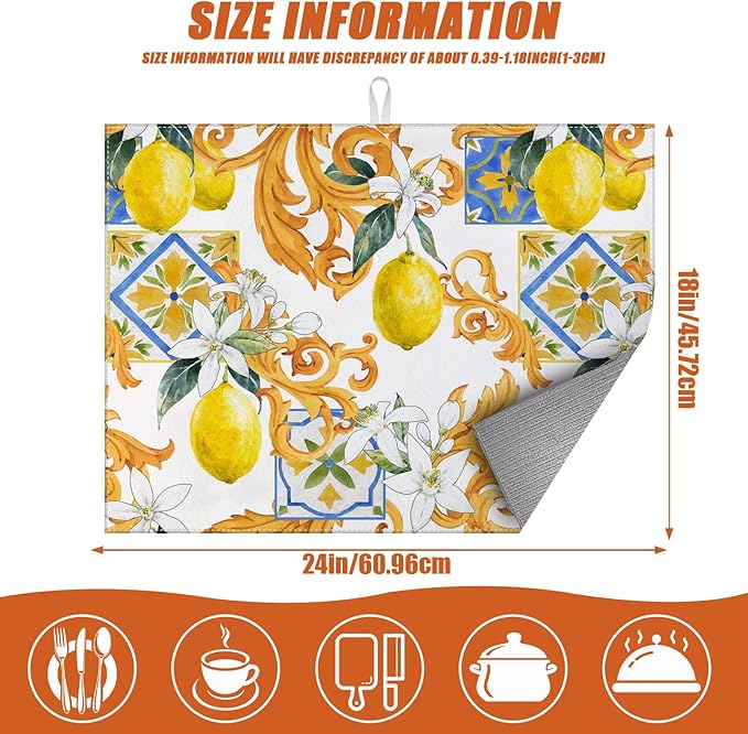 Watercolor Lemon Dish Drying Mat for Kitchen Counter Microfiber Absorbent Dish Kitchen Drying Mat Draining Reusable Washable for Dishes/Utensils/Counterto