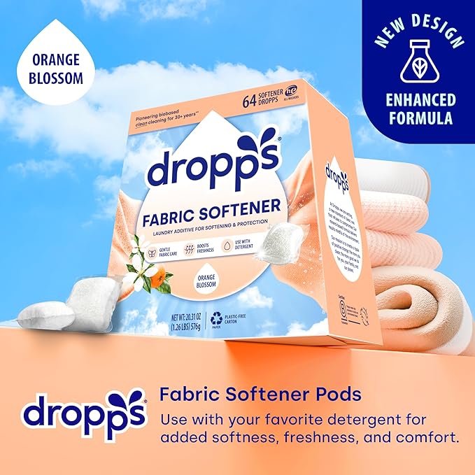 Dropps Laundry Fabric Softener Pods, Orange Blossom (64 Count) - Fabric Softener Liquid Pods for Fluffy, Soft Fabrics - HE Compatible Mineral Based Ingredients Laundry Supplies