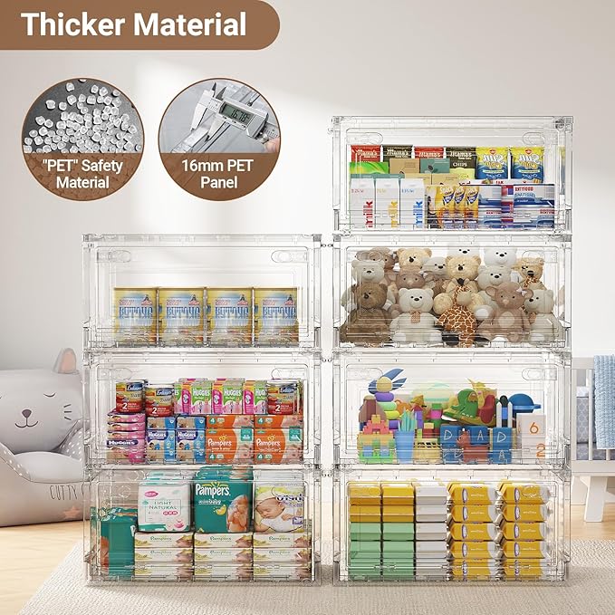 BROVIEW Clear Stackable Storage Drawers, Open Front Large Plastic Storage Bins with Lids, Foldable Closet Organizers and Storage for Wardrobe Cabinets, Pantry, Makeup,1 Pack