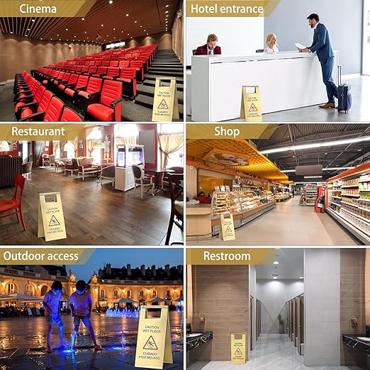 Kigley 2 Pcs Wet Floor Sign, 17 Inch Stainless Steel Caution Wet Floor Sign Double Sided Portable Foldable Bilingual Safety Warning for Hotel Market Restroom Restaurant Office (Gold)