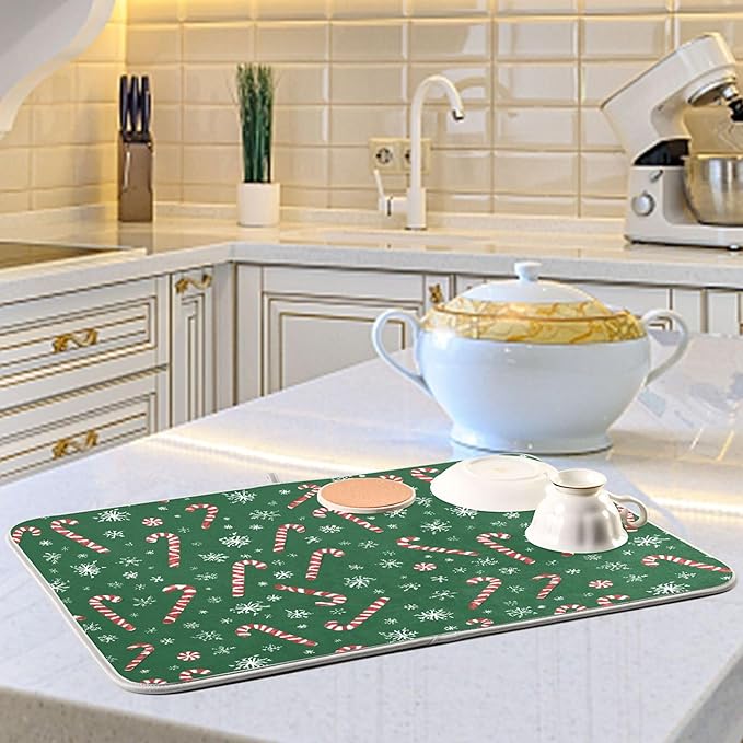 Christmas Candy Cane Dish Drying Mat for Kitchen Countertop 18x24 Winter Snowflake Green Xmas Large Drying Mat Reusable Quick Dry Dish Sink Mats Easy Clean Decorative Essentials