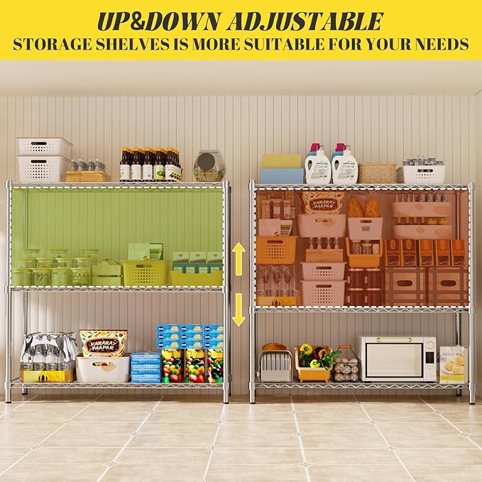 Storage Shelves, 3 PCS 48" L x 20" W x 47" H Heavy Duty Garage Wire Shelving Unit Loads 1200LBS, 3-Tier Adjustable Metal Industrial Utility Shelf Rack for Kitchen, Laundry Room, Basement