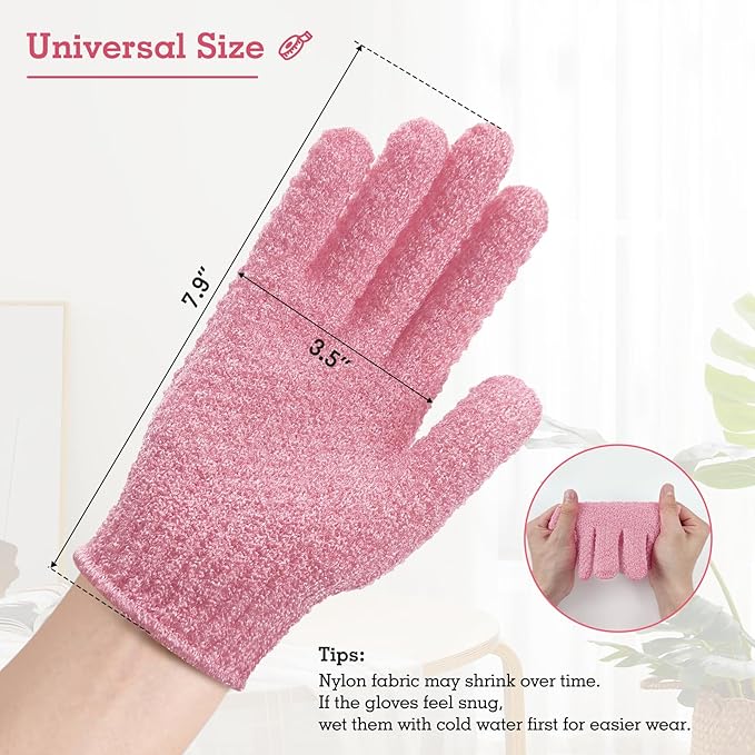 Evridwear Exfoliating Gloves for Shower, 100% Nylon Thick Soft Medium Heavy Bathing Gloves Dead Skin Remover Body Scrubber Smooth Skin with Hang Loop, 2 Pairs Moderate Pink