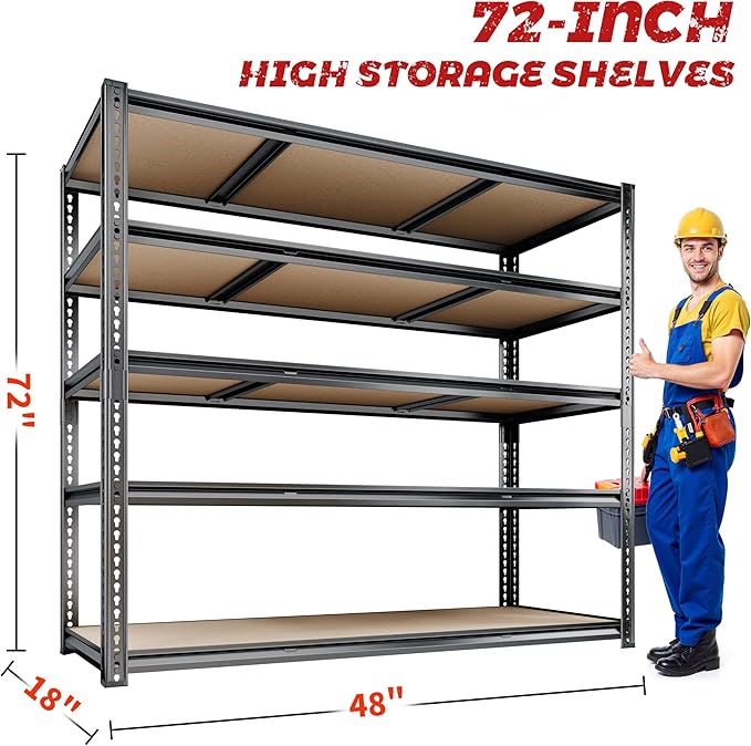 48"W Garage Shelving, 3050LBS Storage Shelves Heavy Duty, 5 Tier Metal Shelving Unit Adjustable Garage Shelves Heavy Duty Shelving for Warehouse,Commercial, Kitchen, 48" W × 18" D × 72" H, Black
