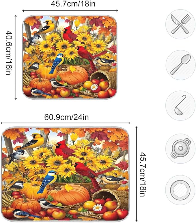 Fall Birds Dish Drying Mat for Kitchen Countertop 16x18 Autumn Pumpkin Sunflower Small Drying Mat Reusable Quick Dry Dish Sink Mats Easy Clean Decorative Essentials
