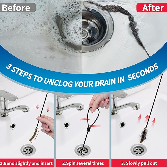 30 Inches Drain Snake Hair Clog Remover, Upgraded Anti-break Metal Plumbing Snake with Nylon Layer, Drain Hair Remover for Shower Drain, Bathroom Clogs, Kitchen Sink Drain Cleaning(5 Pack)