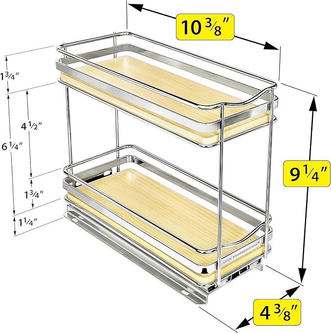 LYNK PROFESSIONAL® Élite™ Pull Out Spice Rack Organizer for Inside Kitchen Cabinets - 4-1/4 inch Wide - Slide Out Drawer – Wood/Chrome Sliding Spice Cabinet Organization Shelf Racks - 2 Tier