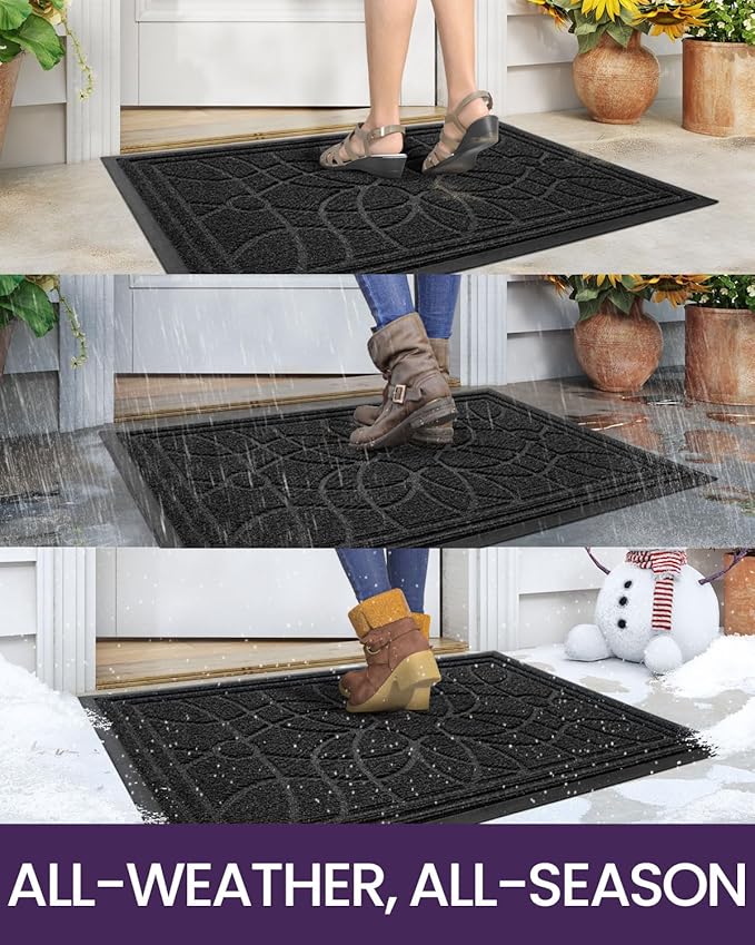 DEXI Front Door Mat Outside Entrance, Heavy Duty Non Slip Low Profile Doormat for Entryway, Trap Dirt and Moisture Welcome Mats, Easy Clean, Patio, Garage, 17x29, Black