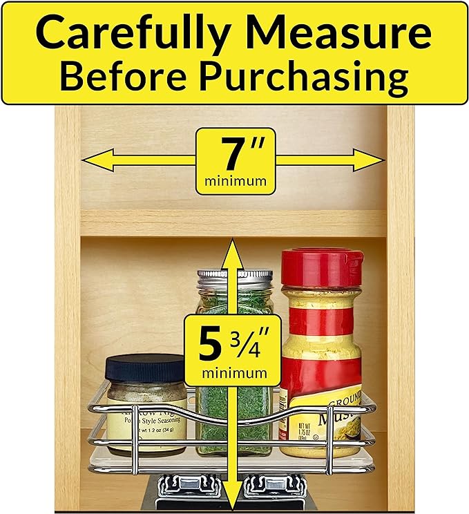 LYNK PROFESSIONAL® Pull Out Spice Rack Organizer for Inside Kitchen Cabinets - 6-1/4 inch Wide - Slide Out Drawer – Chrome Sliding Spice Cabinet Organization Shelf Racks - 1 Tier