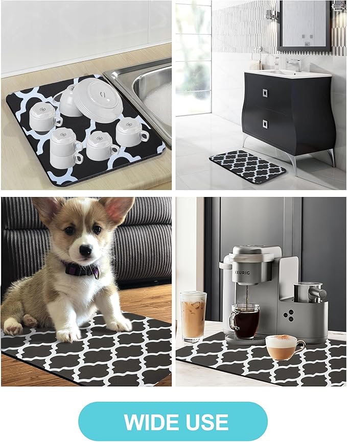 Dish Drying Mat for Kitchen Counter, 16"x24" Dish Drying Pad with Non-slip Rubber Backed, Hide Stain Anti Absorbent for Kitchen Counter, Drying Mat for Coffee Machine Dish Rack (Gray Trellis)
