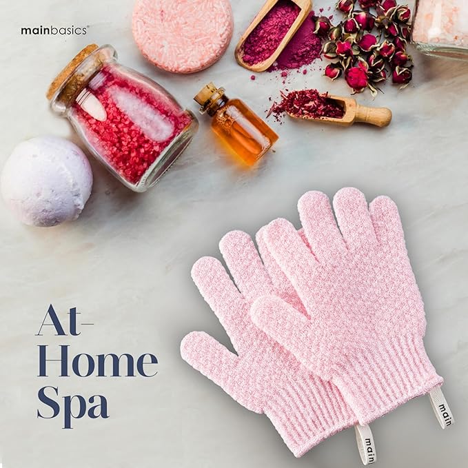 MainBasics Deep Cleansing Exfoliating Bath Gloves - Heavy-Textured Nylon Shower Scrub for Dead Skin Removal - Machine Washable with Hanging Loop (1 Pair, Soft Pink)