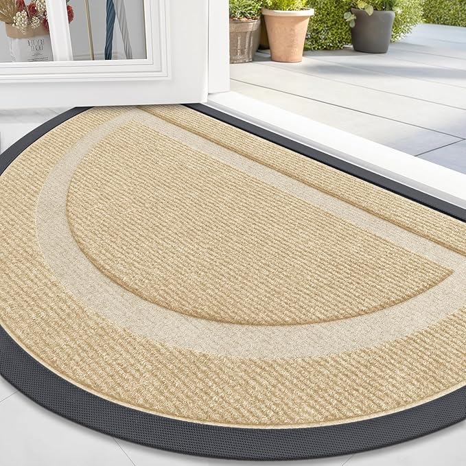 OLANLY Half Circle Door Mat Indoor Outdoor Entrance Welcome, Waterproof All-Season, All-Weather Doormat, Sturdy Natural Rubber, Low Profile, Easy Clean Patio Porch Entryway Mat, 47x32, Beige