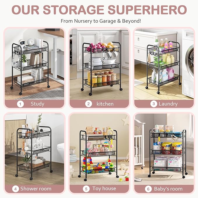 TOOLF 3-Tier Metal Rolling Cart, Mesh Wire Easy Assemble Utility Cart, Storage Trolley on Wheels with 3 Hooks, MetalStorage Shelving Units for Kitchen Bathroom Laundry Room