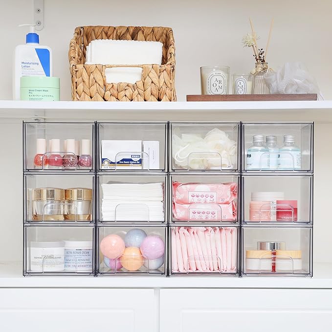 Vtopmart 12 Pack Clear Small Stackable Storage Drawers,Acrylic Bathroom Makeup Organizer,Plastic Storage Bins For Vanity, Undersink, Kitchen Cabinets, Pantry, Home Organization