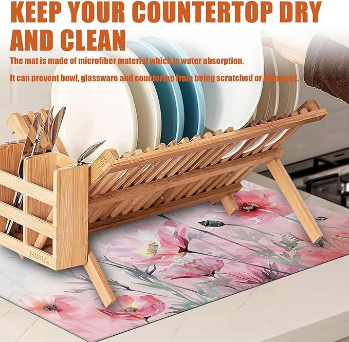 Pink Poppy Flower Dish Drying Mat for Kitchen Counter Microfiber Absorbent Dish Kitchen Drying Mat Draining Reusable Washable for Dishes/Utensils/Counterto