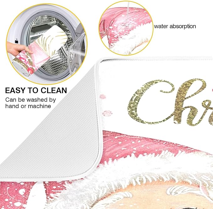 Christmas Santa Claus Pink Dish Drying Mat for Kitchen Countertop 16x18 Xmas Candy Cane Snowflake Small Drying Mat Reusable Quick Dry Dish Sink Mats Easy Clean Decorative Essentials