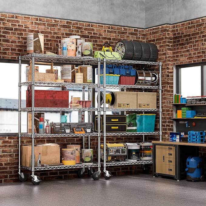 IZEUK 5-Tier Storage Shelving Unit with Wheels, Adjustable Heavy Duty Steel Wire Rack Organizer (Chrome, 17.7" D x 47.2" W x 76.7" H, 1750 lbs Capacity) for Garage, Kitchen, Pantry, Laundry, Basement