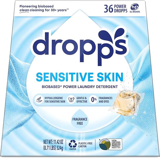 Dropps Sensitive Skin Laundry Detergent Pods, Unscented (36 Count) - Dermatologist Tested Laundry Pods - HE Compatible Laundry Supplies for Clean Clothes, Vegan & Dye-Free