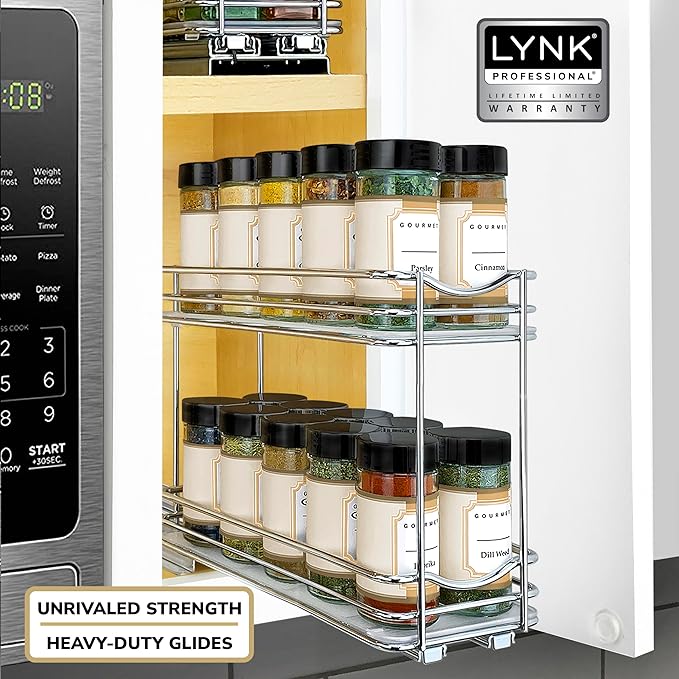LYNK PROFESSIONAL® Pull Out Spice Rack Organizer for Inside Kitchen Cabinets - 4-1/4 inch Wide - Slide Out Drawer – Chrome Sliding Spice Cabinet Organization Shelf Racks - 2 Tier