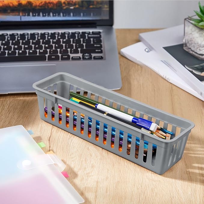 Domensi 12 Pack Slim Plastic Storage Baskets Tray for Organizing 10.25 x 3.25 x 2.5 Inch Small Narrow Storage Bins Stackable Drawer Pencil Trays Holder for Desk Garage Cabinet Containers(Gray)