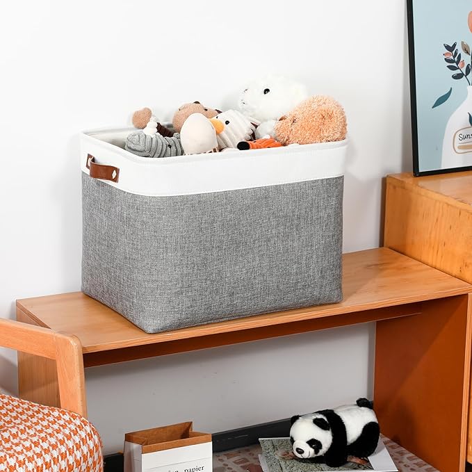DULLEMELO Large Storage Baskets, Fabric Storage Basket with Leather Handles for Shelves Closet Nursery Toy Storage, Collapsible Fabric Baskets for Toy Book Magazine Towel Organizers(White&Gray)
