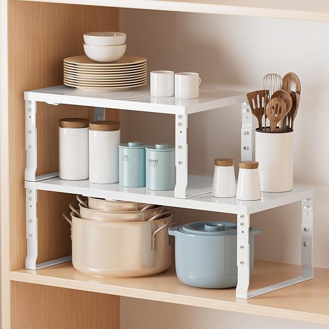 Metal Stackable Expandable Storage Shelf - Multi-Functional Home Storage Shelf, Suitable for Kitchen, Cabinet，Bathroom, Office, Garage, etc.（2PACKS/White/Medium