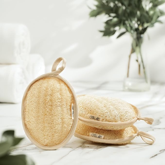 Chill Ah Green Glow All Natural Exfoliator Dual Sided Loofah Bath Sponge Set – 100% Plant-Based, dye-Free, Biodegradable, Scratch-Free, Handcrafted in Vietnam (2-Pack)