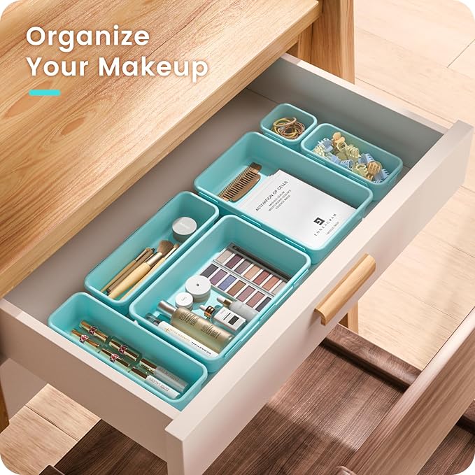 A-LuGei 【28PCS】 Drawer Organizer, Bathroom Organizers and Storage, Makeup organizer, Desk drawer organizer, Storage Bins for Kitchen Office Bedroom Vanity Jewelry Pantry Garage【Black】【4Size】