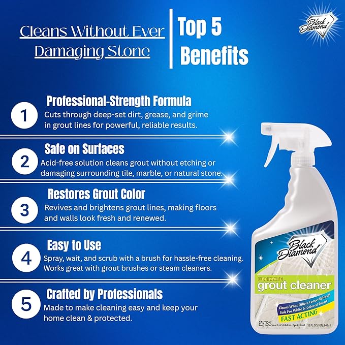 Black Diamond Ultimate Grout Cleaner: Best Cleaner for Tile,Ceramic,Porcelain, Marble Acid-Free Safe Deep Cleaner & Stain Remover for Even The Dirtiest Grout (1-Quart)